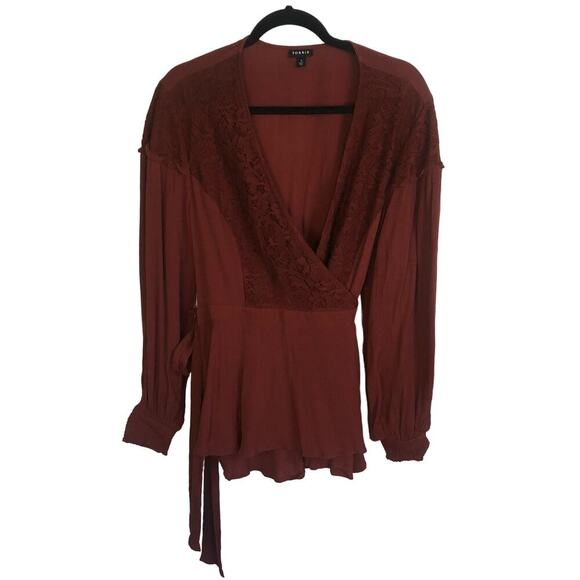 Torrid Dark Red Crinkle Gauze Lace Inset Surplice Wrap Top Torrid Size 3 (3x) - Picture 1 of 8